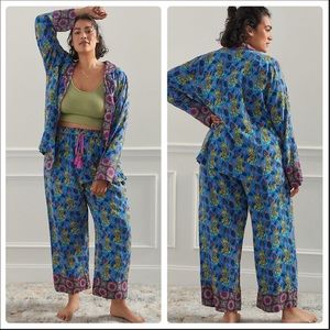 NWT $130 Anthropologie 3X Janine Lecour Fleurs Pajama Set Blue Tiger